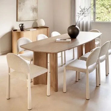 Conjunto De Mesa Retangular 200x100 Cm Em Madeira De Manga Sidney E 8 Cadeiras De Jantar Em Bouclé Nagore Madeira Natural - Sklum