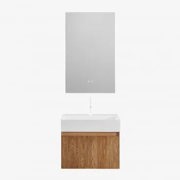 Conjunto De Móvel De Casa De Banho Suspenso Em Madeira Com Lavatório Integrado Aldeia Castanho Fresno & Branco ↑20 Cm Com Válvula De Drenagem Sem Extr