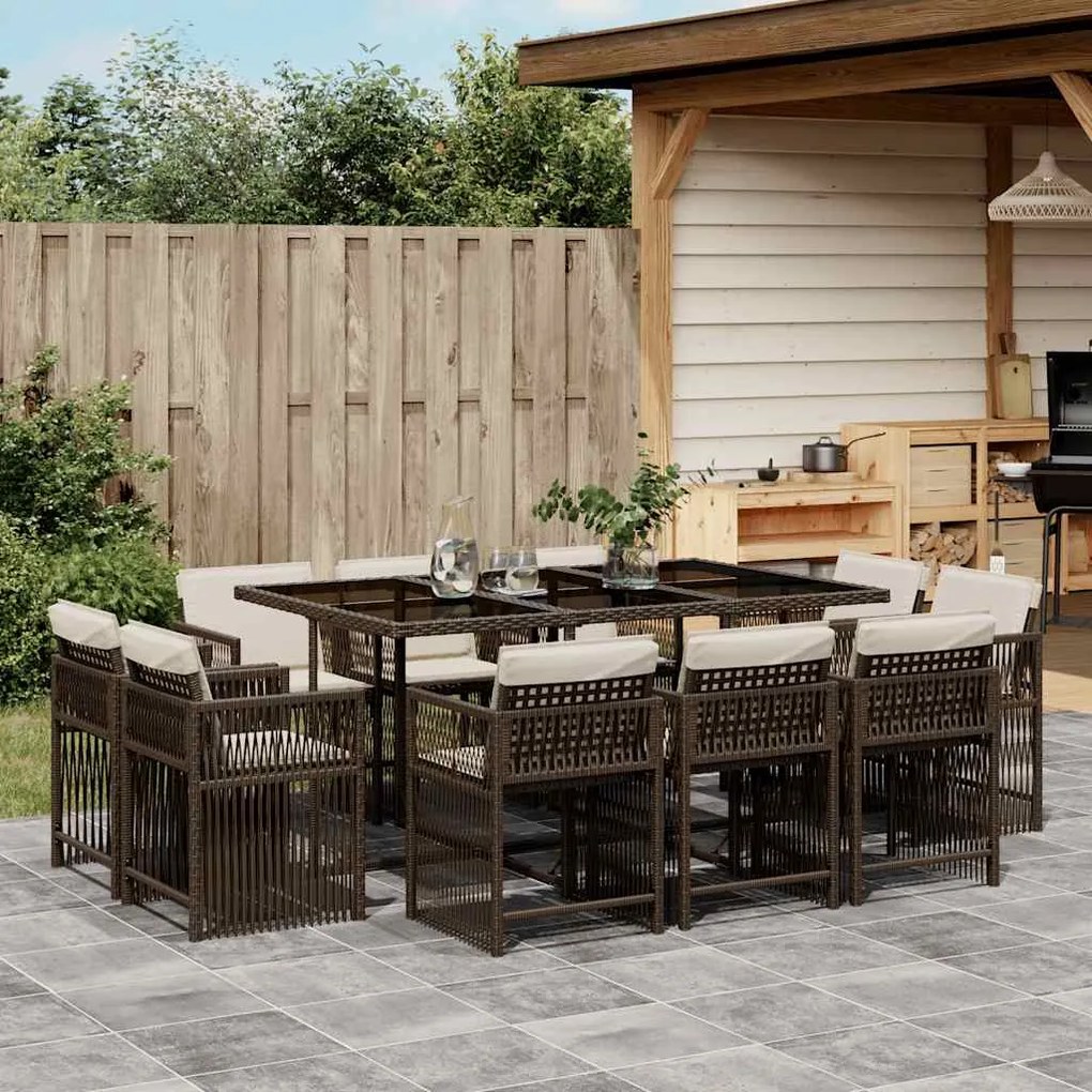 11 pcs conjunto jantar p/ jardim c/ almofadões vime PE castanho