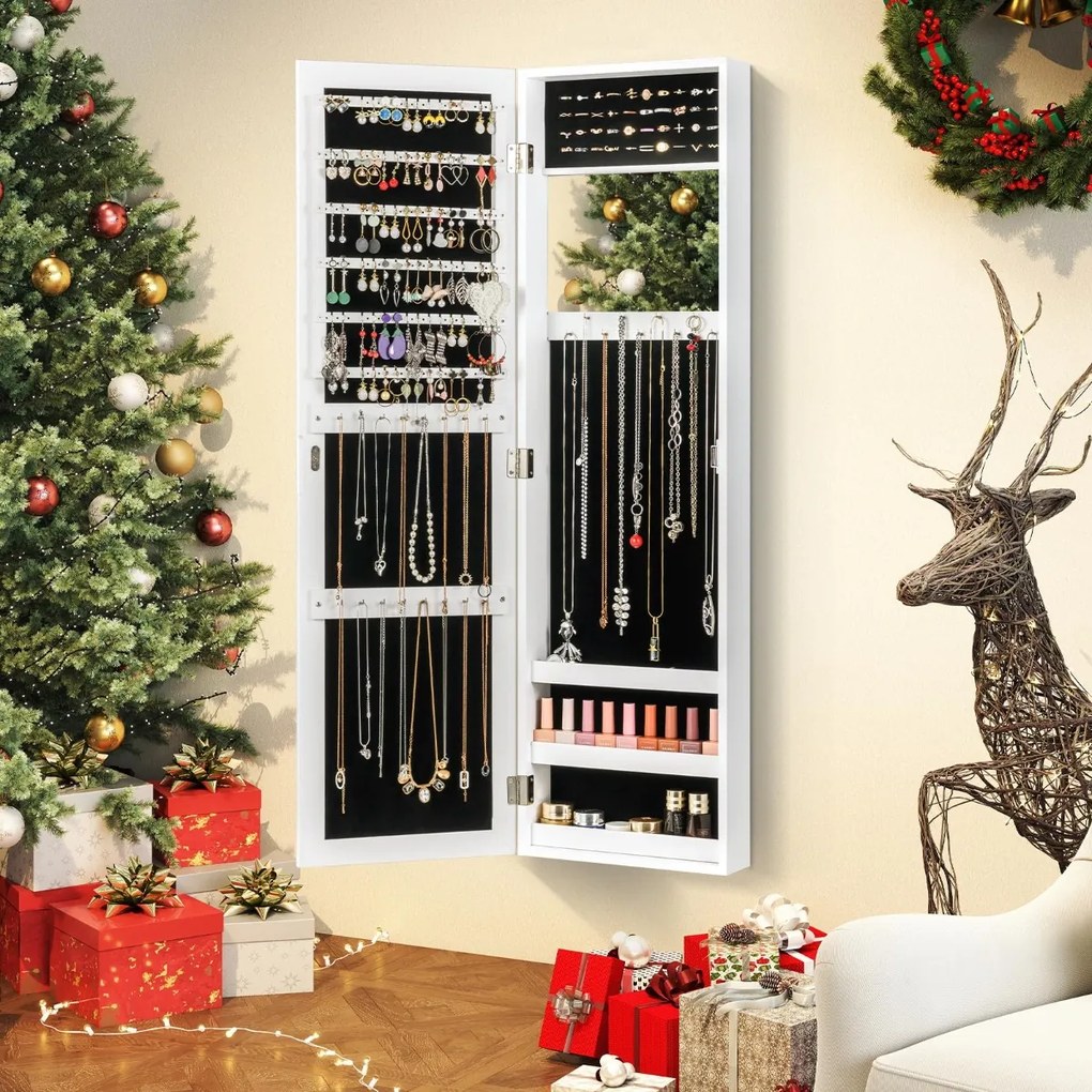 Armário Jóias com espelho de corpo inteiro 31,5 x 9,5 x 110 cm com espelho de maquilhagem interior com ganchos e prateleiras Branco