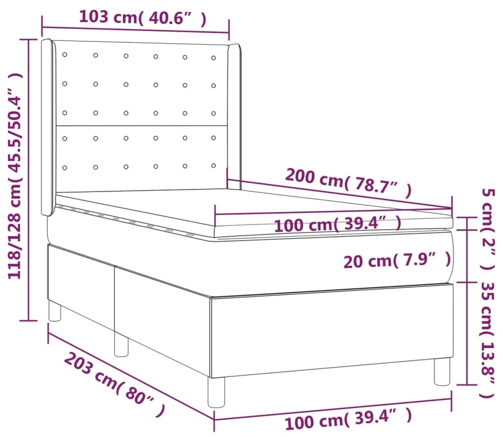 Cama box spring c/ colchão/LED 100x200cm couro artificial preto