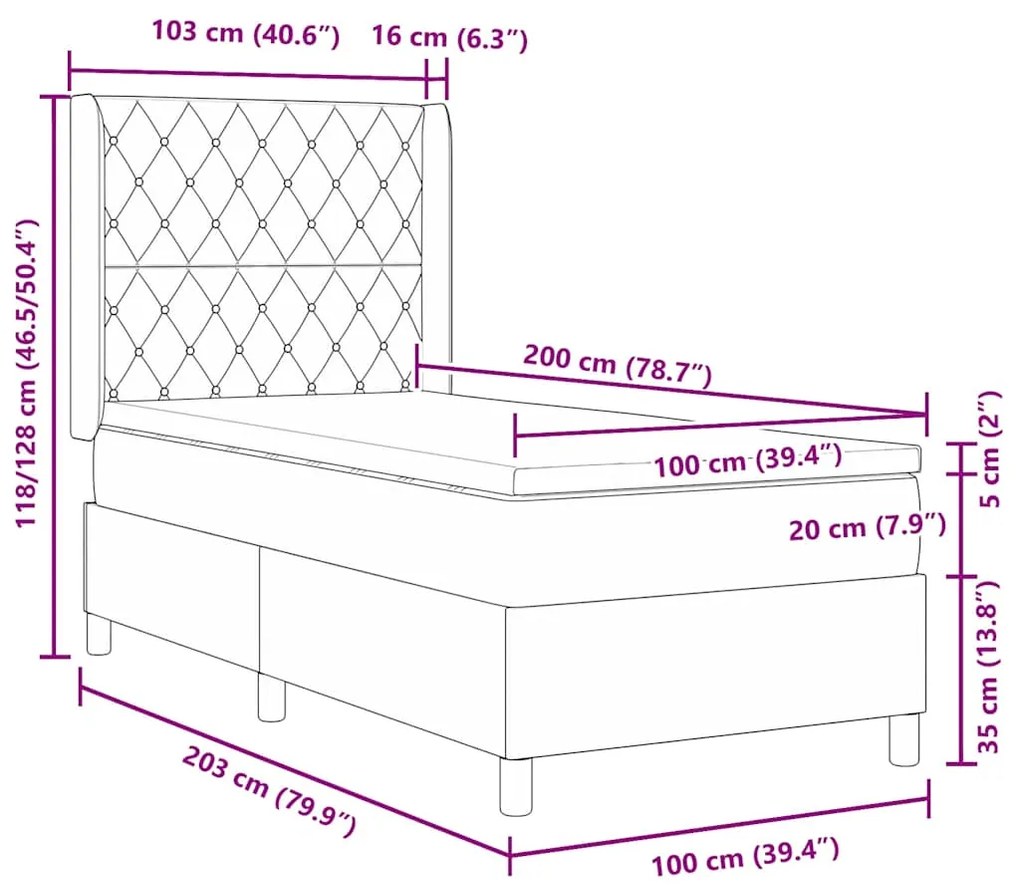Cama Box Spring com Colchão Cinza Escuro 100x200 cm Veludo