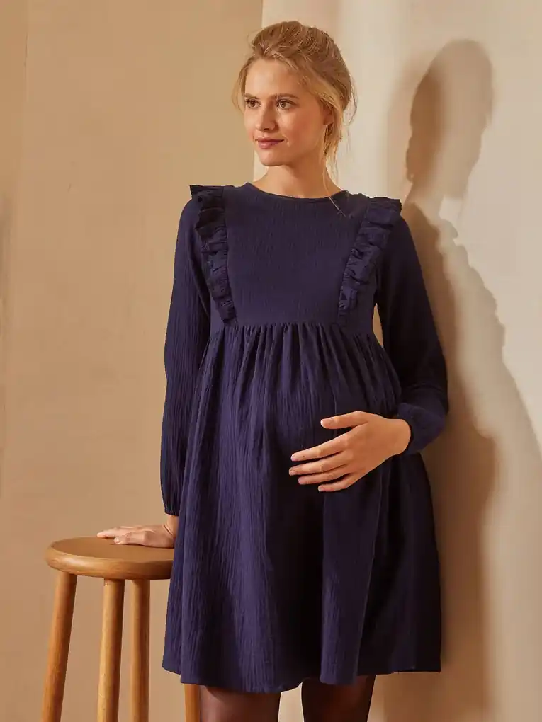 Vestido em gaze de algodão, especial gravidez e amamentação - azul-ganga
