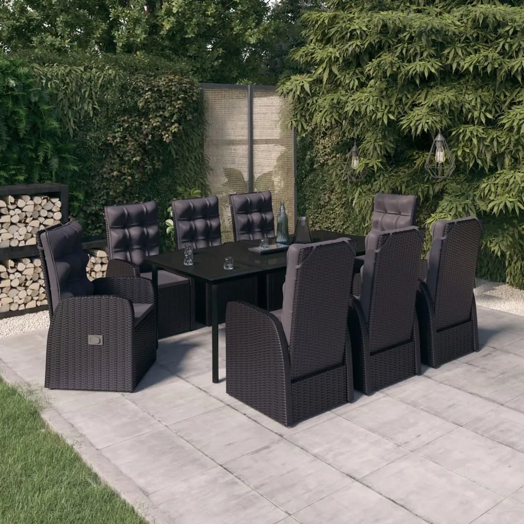 vidaXL 9 pcs conjunto de jantar para jardim com almofadões preto