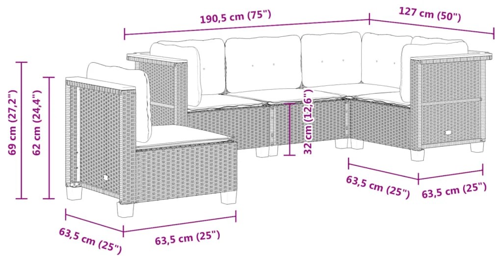 5 pcs conjunto sofás de jardim com almofadões vime PE preto