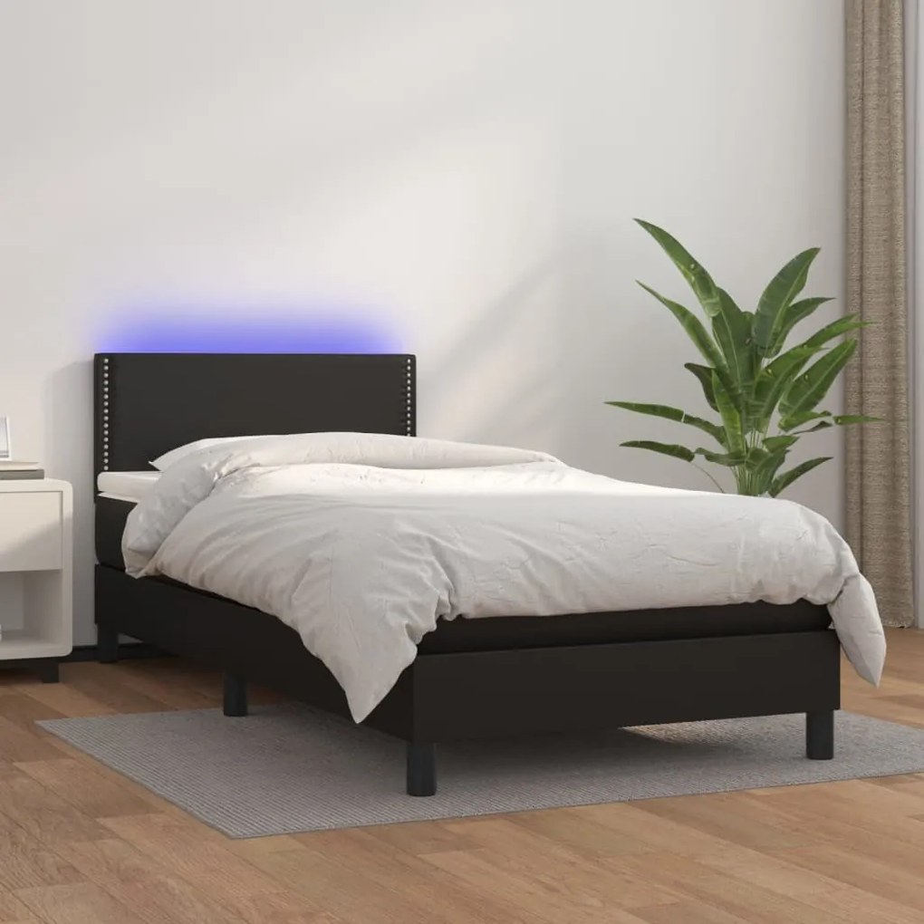 Cama box spring c/ colchão/LED 90x200 cm couro artificial preto