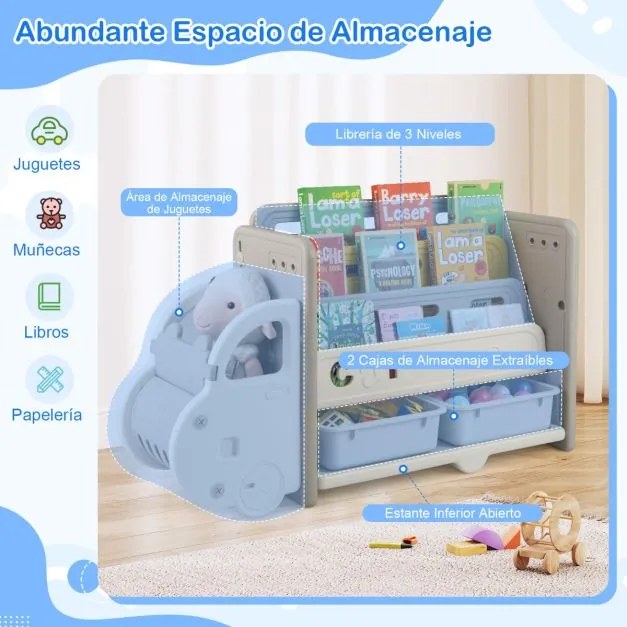 Armário de armazenamento para brinquedos com tema de carros, com prateleira de 3 níveis, 2 caixas de armazenamento, 108 x 35 x 63,5 cm, cinzento