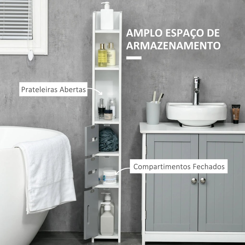 kleankin Coluna Casa de Banho com 3 Portas e 3 Prateleiras Abertas Coluna Auxiliar para Sala de Estar Casa de Banho Dormitório Estilo Moderno 15x17x120cm Branco e Cinza