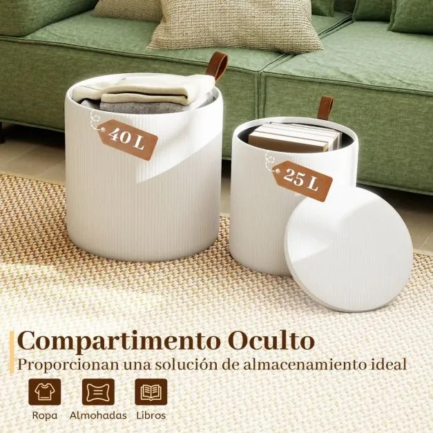 Conjunto de 2 pufes redondos com arrumação, bancos toucador estofados com tampos removíveis e assentos acolchoados, apoio para os pés multiusos bege