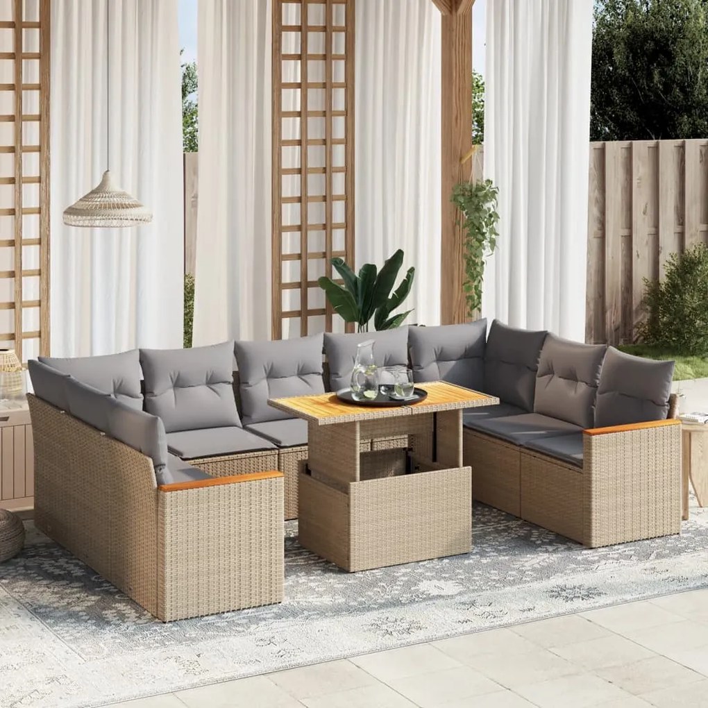 10 pcs conjunto de sofás p/ jardim com almofadões vime PE bege