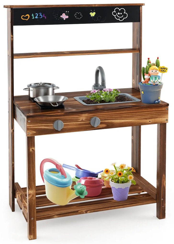 Cozinha de brinquedo em madeira de abeto com vasos de plantas e pia removível - marrom