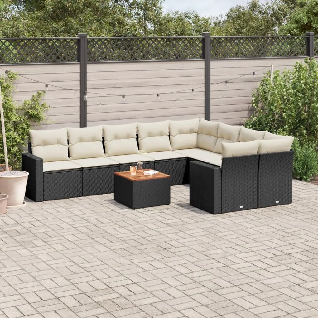 10 pcs conjunto sofás de jardim c/ almofadões vime PE preto