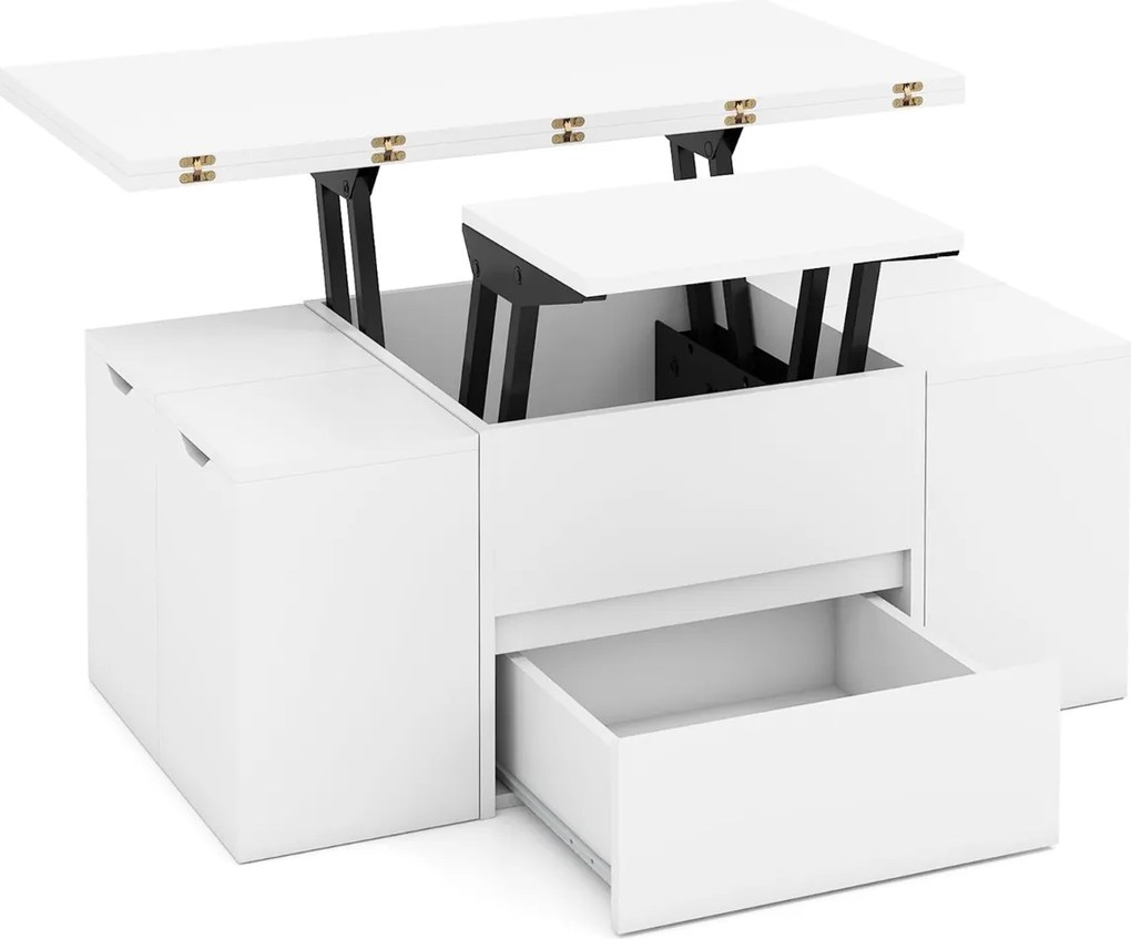 Mesa de centro elevável conversível em mesa de jantar para 4 pessoas com 4 bancos 3 em 1 extensível com e gaveta Branco