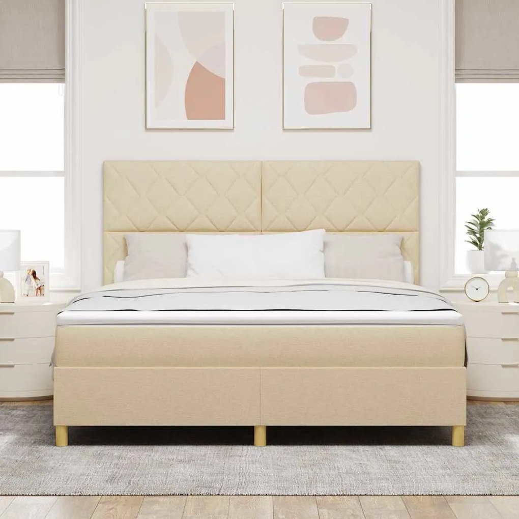 Cama Box Spring com Colchão &amp; LED Creme 180x200 cm Tecido