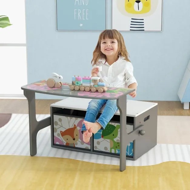 Conjunto de mesa e cadeira para crianças com 2 recipientes de pano amovíveis Mesa para crianças 3 em 1 com banco de actividades convertível Cinzento