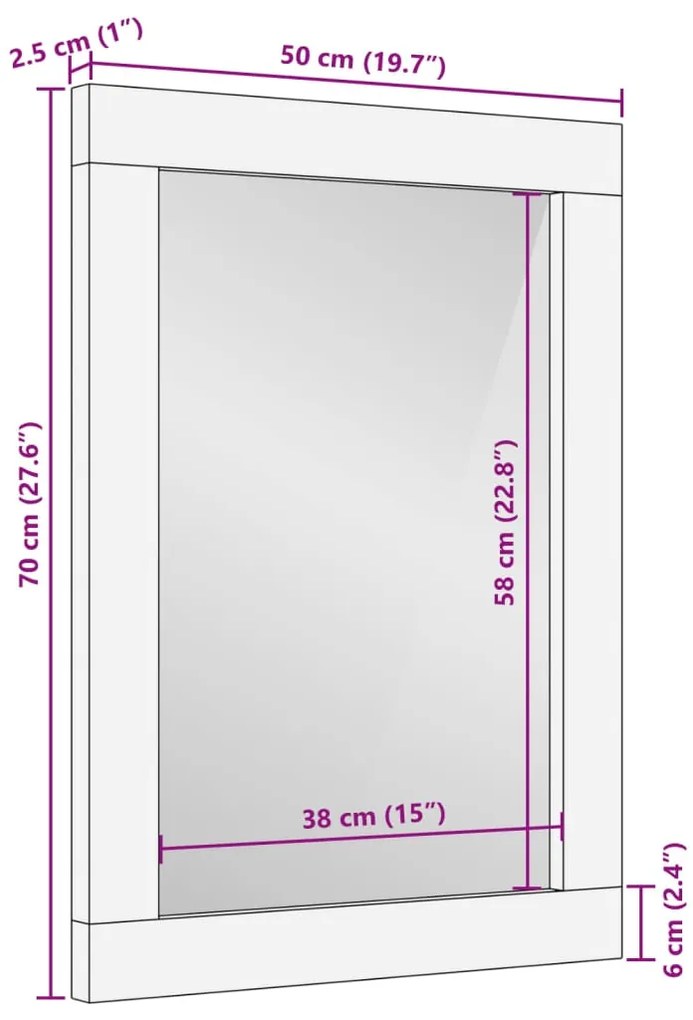 Espelho de casa de banho 50x70x2,5 cm mangueira maciça e vidro