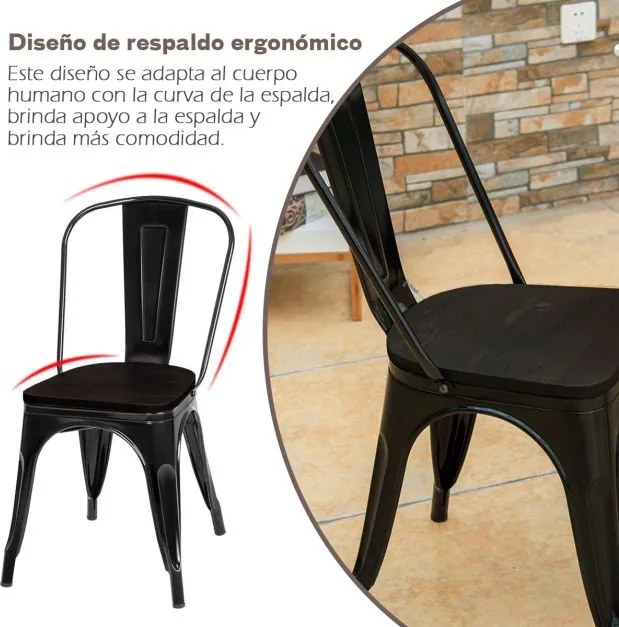 Conjunto 4 cadeiras empilháveis de metal com encosto e assento de madeira para casa cozinha bar 52 x 42 x 84 cm pretas