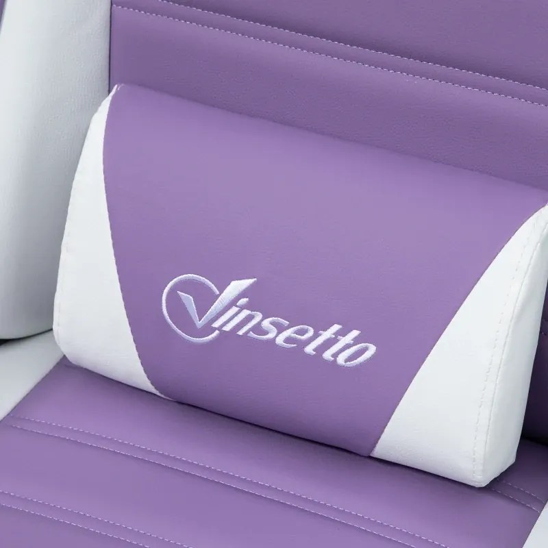 Cadeira Gaming Giratória de Couro PU com Altura Ajustável Inclinável 135° Apoio para a Cabeça 65x63x136-142 cm Branco e Roxo