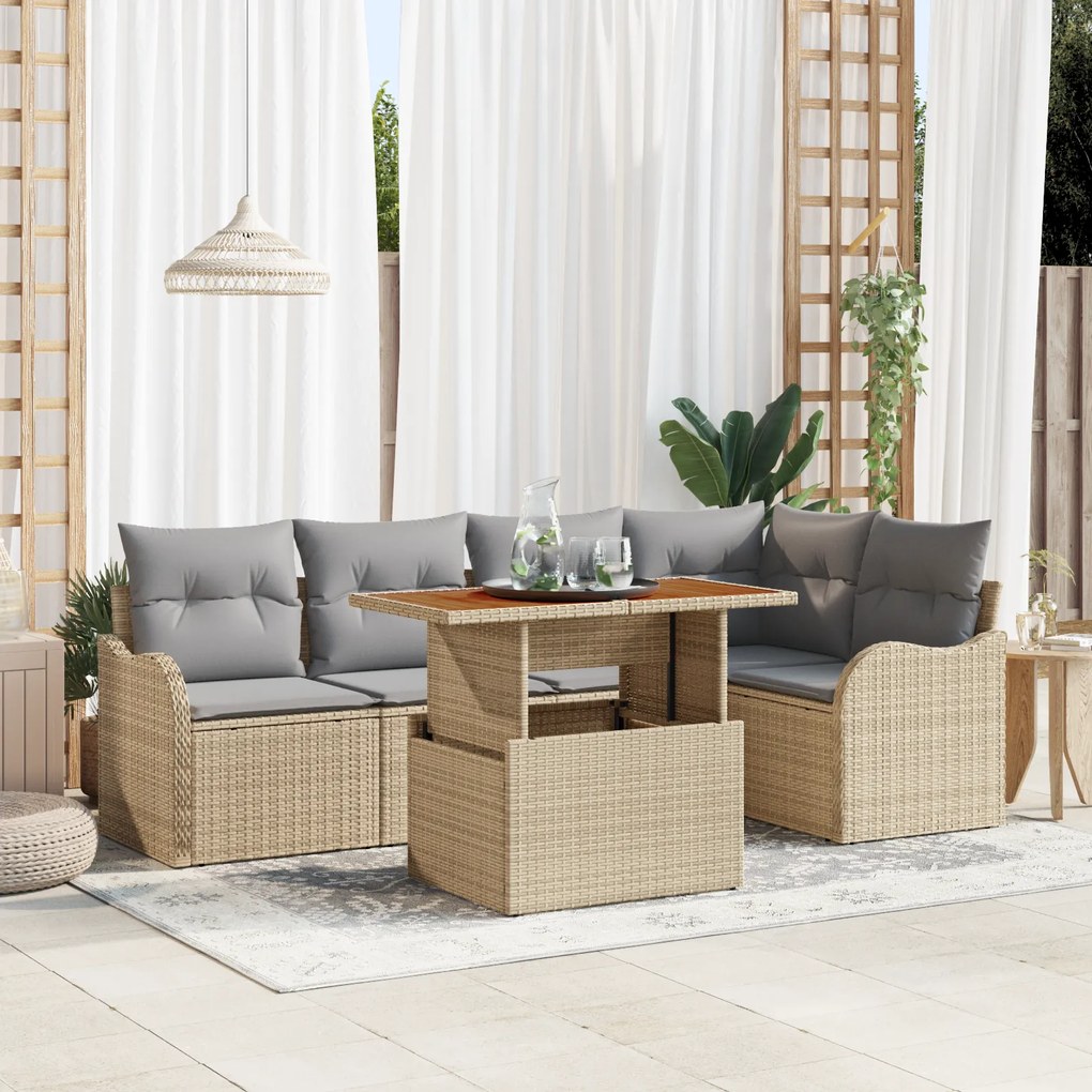 Conjunto de Sofás de 6 Peças para Jardim com Almofadas Bege Rattan Plá