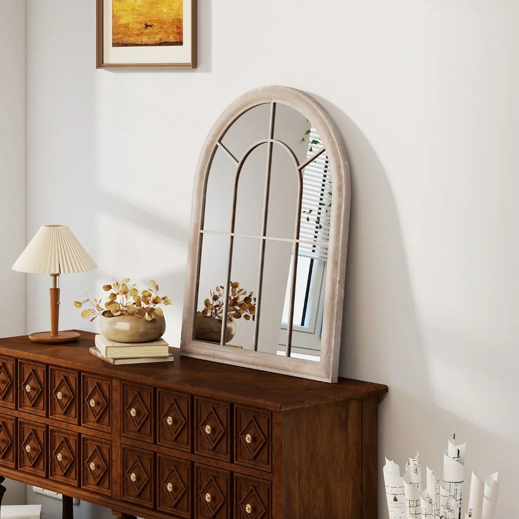 Espelho de painel de janela estilo fazenda arqueado  88 x 69,5 x 3,5 cm montado na parede com moldura metálica Cinza rústico