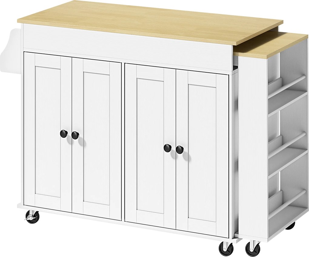 Carrinho,, Ilha de Cozinha com Rodas Tampo Extensível Carrinho de Cozinha com 4 Portas Prateleiras Ajustáveis Estante Lateral Aberta Branco