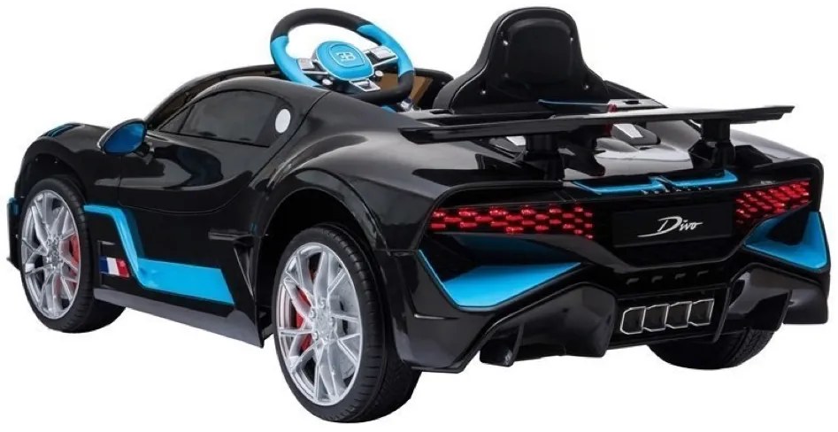 Bugatti Divo Carro elétrico para crianças 12v, módulo de música, assento de couro, pneus de borracha EVA Preto