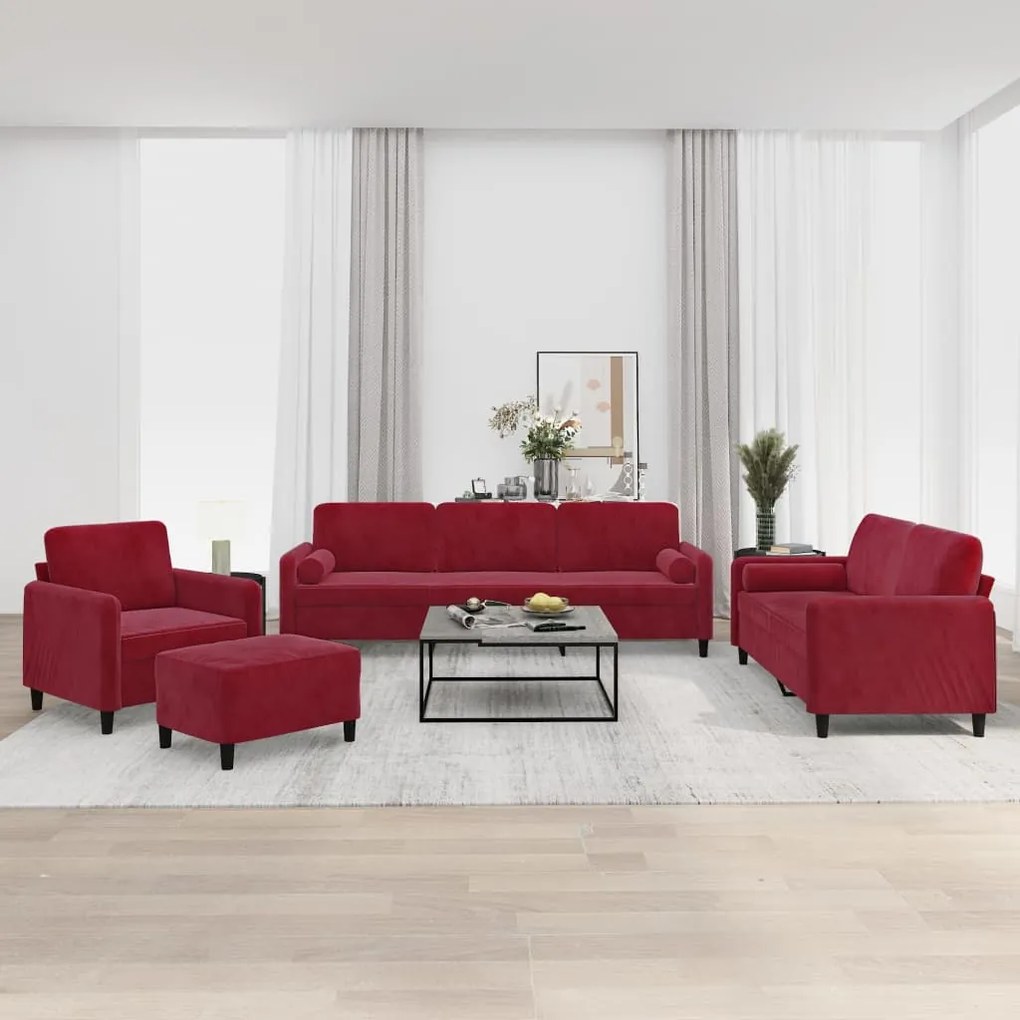 vidaXL 4 pcs conj. sofás c/ almofadas/almofadões veludo vermelho tinto