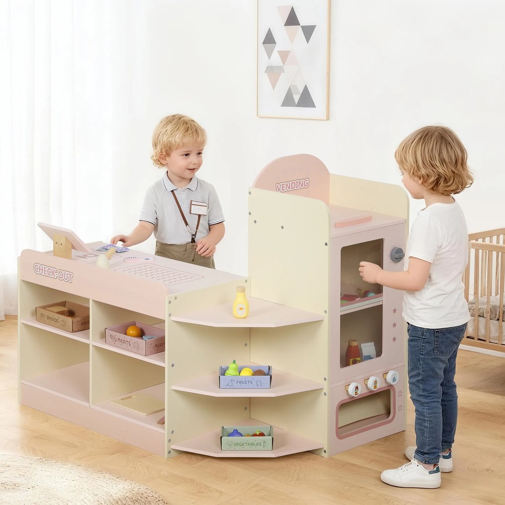 Supermercado de Brincar em Madeira Loja com Caixa Registadora Máquina de Venda Automática 3 Prateleiras Abertas 4 Compartimentos 90,7x60x73,8 cm Rosa