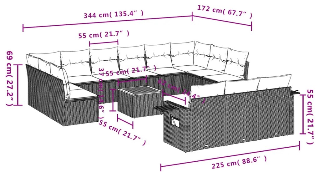 14 pcs conjunto de sofás p/ jardim c/ almofadões vime PE preto
