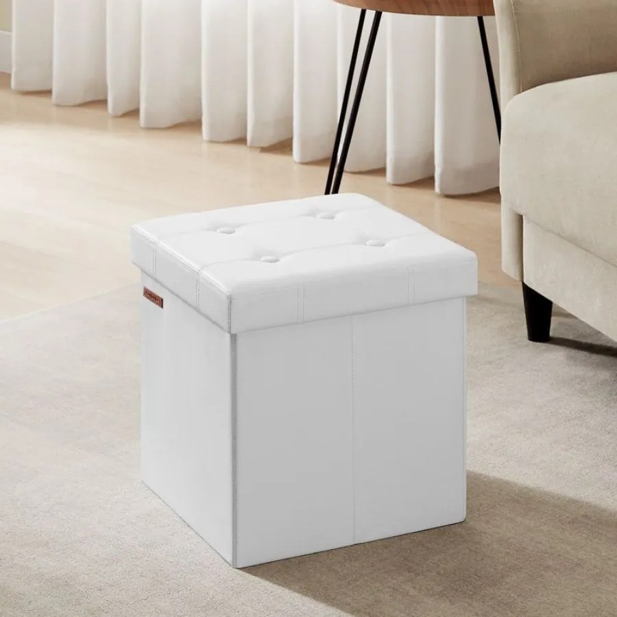 Banco quadrado arrumação 38 x 38 x 38 cm, em couro sintético, 38 cm, dobrável branco
