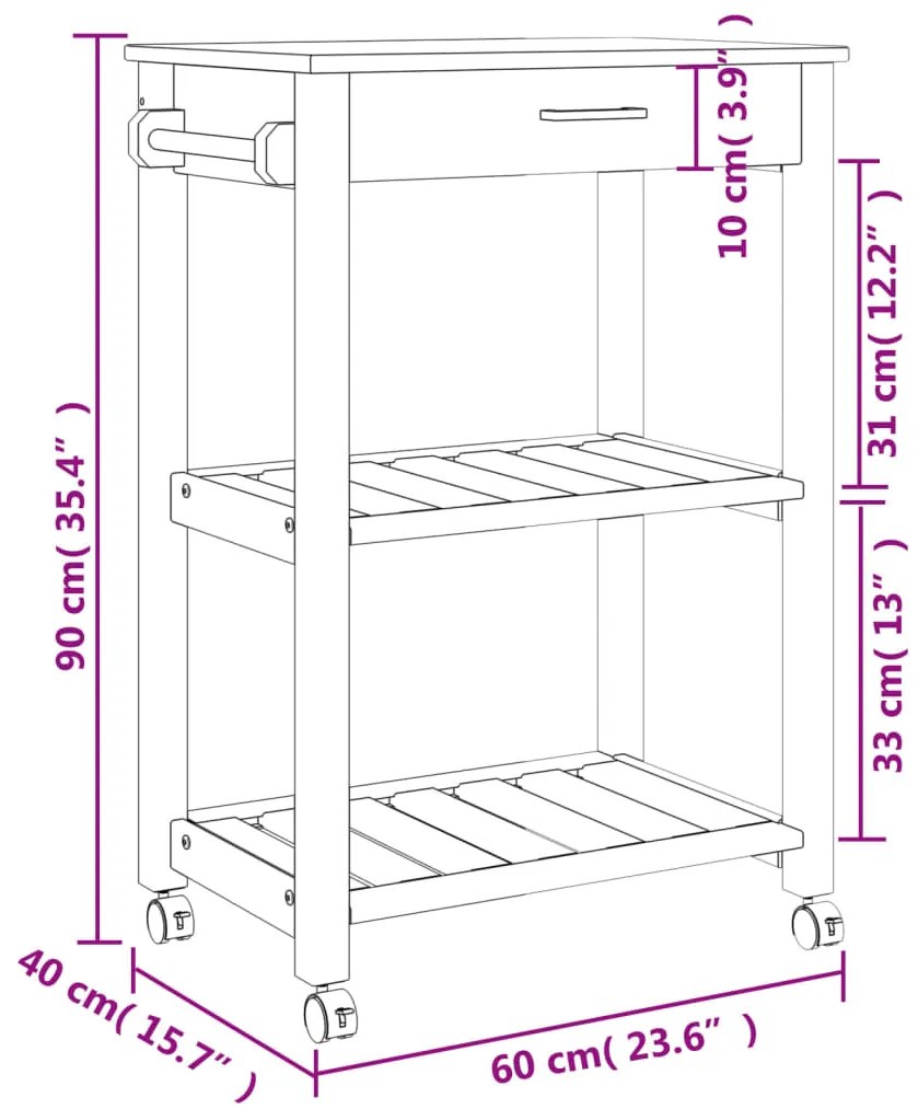 Carrinho de cozinha MONZA 60x40x90 cm madeira de pinho maciça