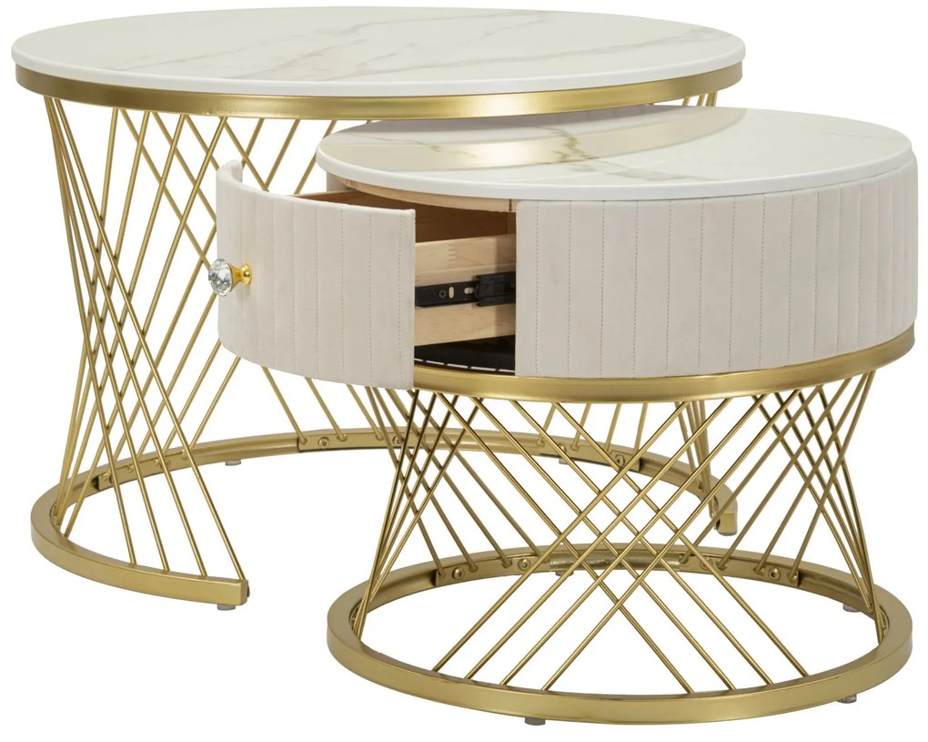 MESAS DE CAFÉ VOTIX CONJUNTO DE 2 UNIDADES CM Ø 70X48-50X43,5 CREME E DOURADO