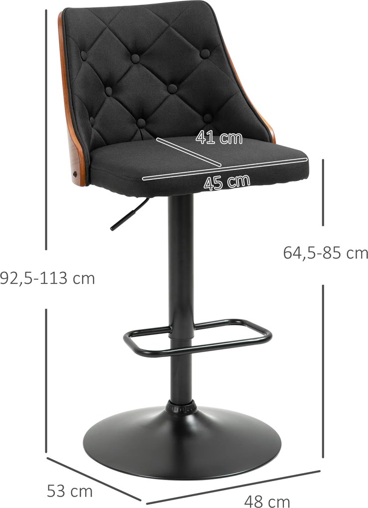 Conjunto de 2 bancos de bar com altura ajustável, giratórios a 360° e apoio para os pés, em tecido acolchoado Preto