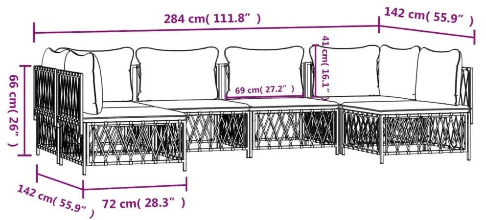 6 pcs conjunto lounge de jardim com almofadões aço branco