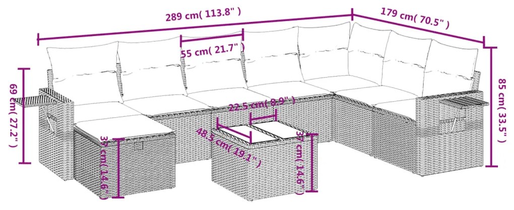 9 pcs conj. sofás jardim com almofadões vime PE cinzento-claro