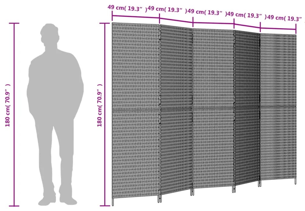 Biombo de divisão 5 painéis vime PE bege