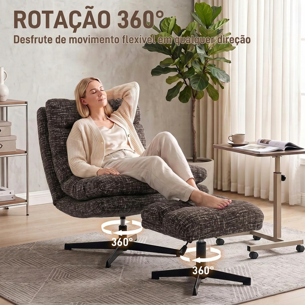 Poltrona Giratória em Chenille com Apoio para os Pés Ajustável Acolchoamento Espesso Cinza