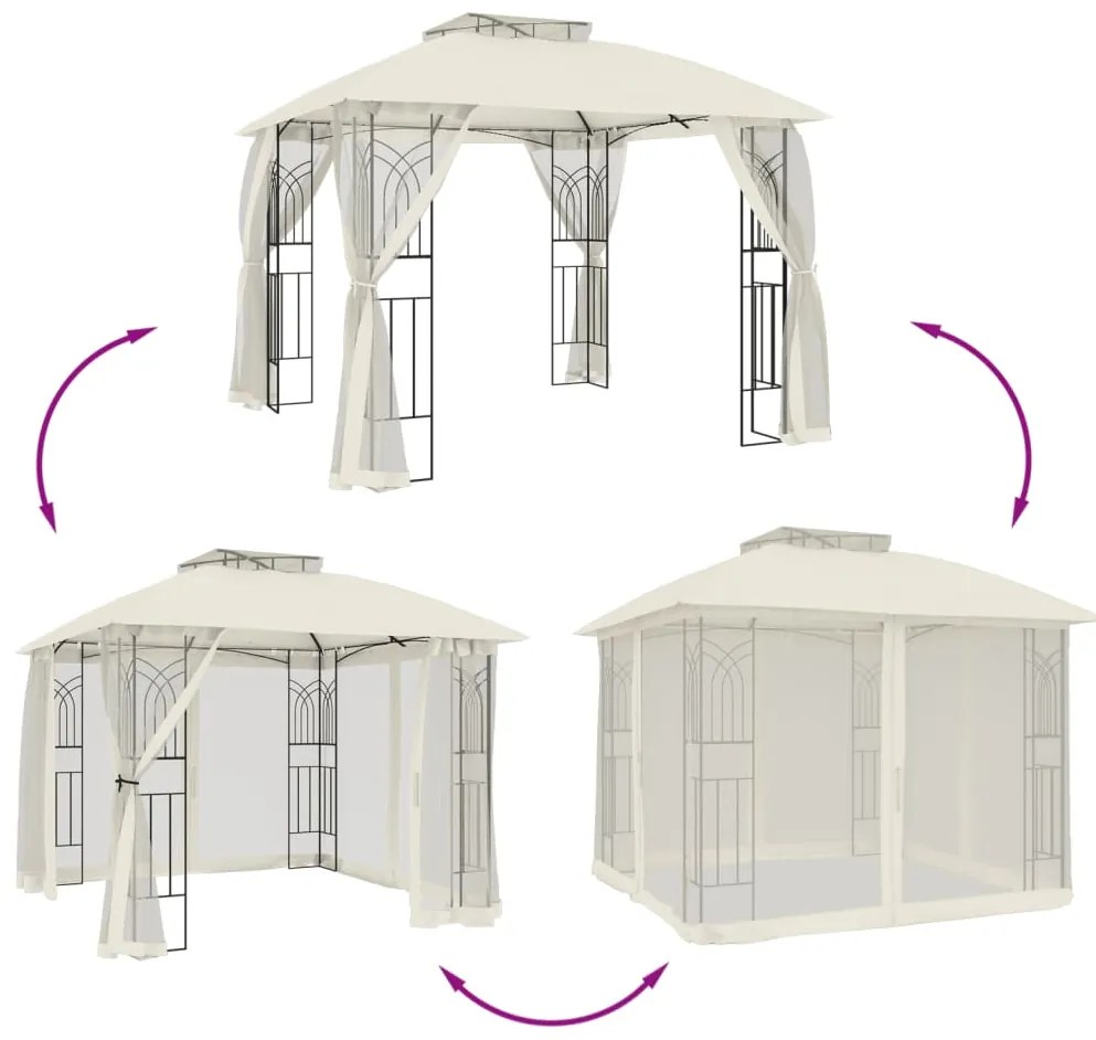 Gazebo c/ teto duplo/paredes de malha 2,94x2,94 m aço creme