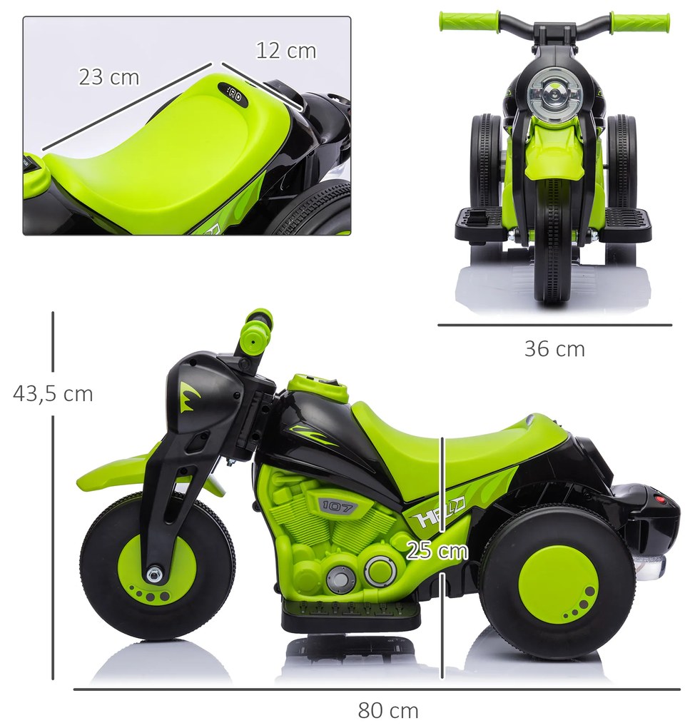 Mota Elétrica para Crianças Mota a Bateria 6V com Função de Bolhas Farol Música Motocicleta para Crianças com Velocidade 3km/h Carga 30 kg Verde