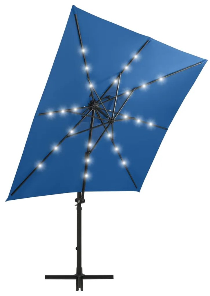 Guarda-sol jardim cantilever poste/luzes LED 250 cm azul-ciano