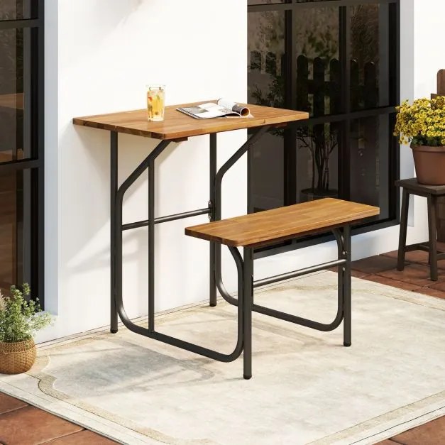 Conjunto de mesa e banco de jardim Lado Único Madeira Acacia Pernas de metal Preto e natural
