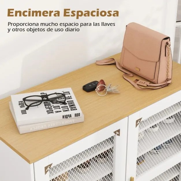 Sapateira de 7 níveis 80 x 37 x 106 cm com portas de malha Organizador moderno para sapatos em madeira com prateleiras ajustáveis Branco