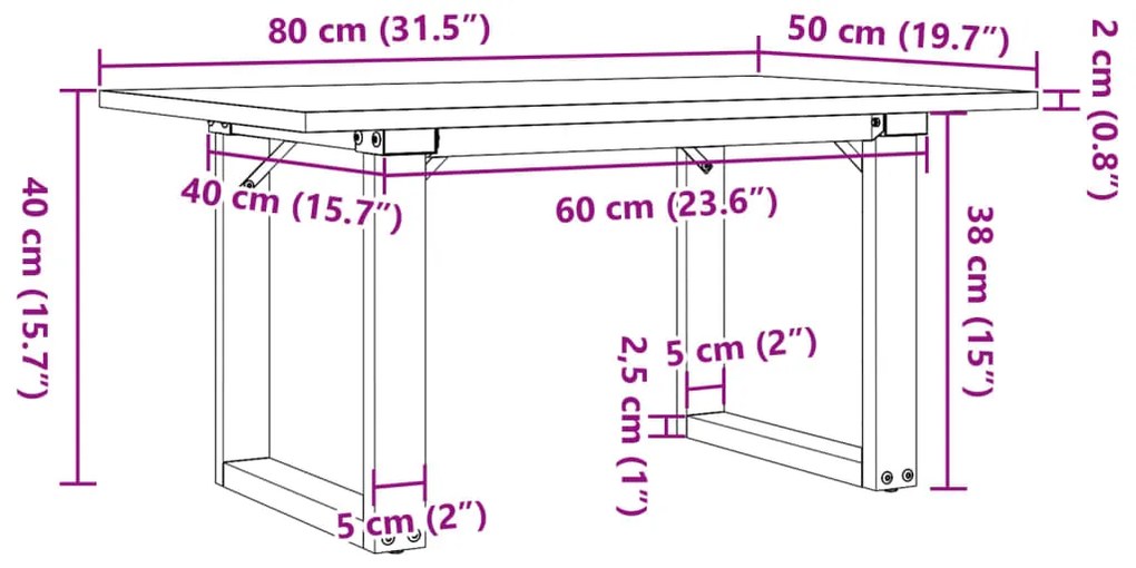 Mesa de centro estrutura em O 80x50x40 cm pinho e aço