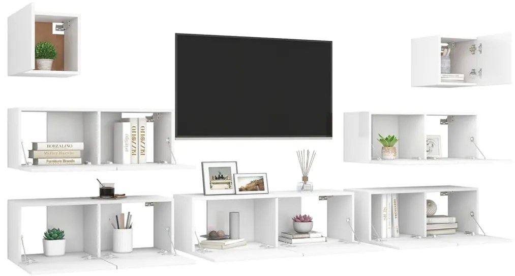 7 pcs conjunto de móveis de TV derivados de madeira branco