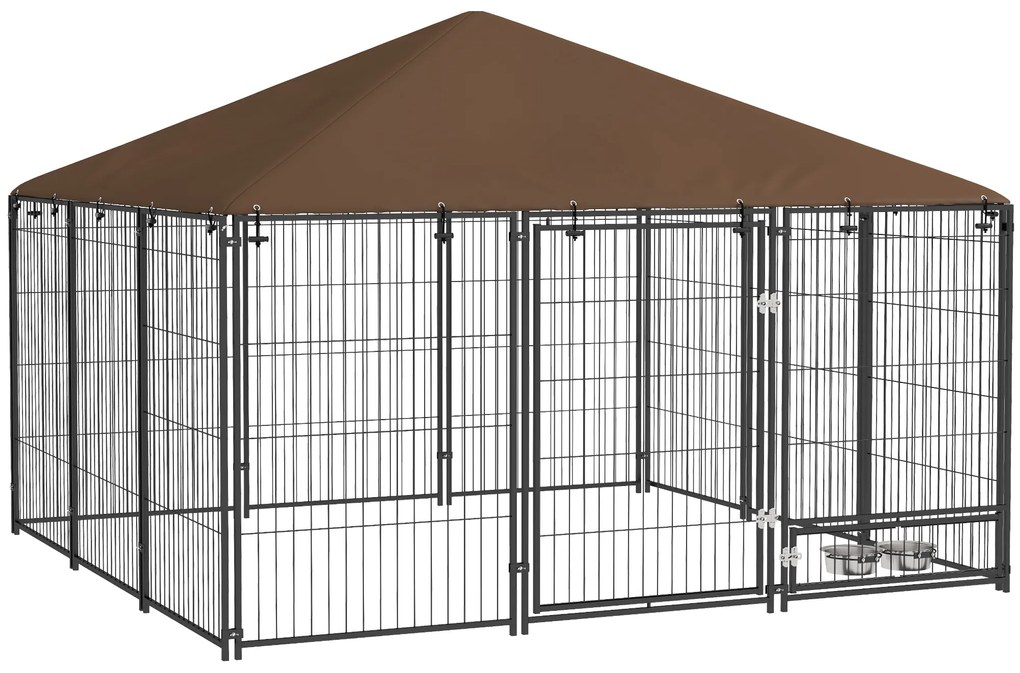 PawHut Parque para Cães com Toldo Canil para Exterior com Suporte Giratório para Comida 2 Tigelas 211x211x151 cm Preto Marrom