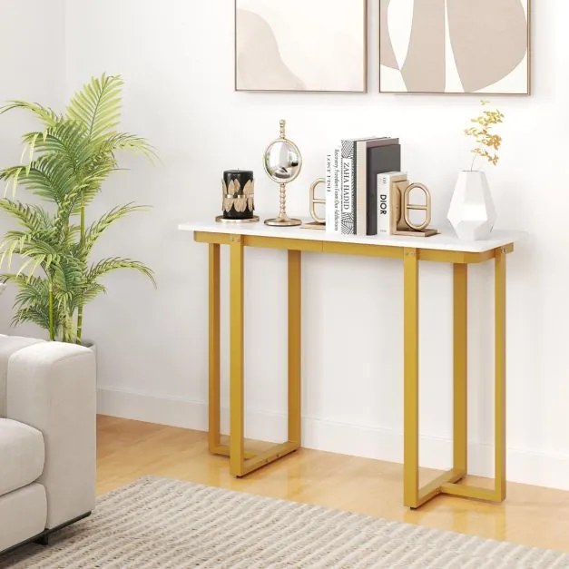 Mesa Consola Mesa de Entrada Moderna em Mármore Artificial 107 x 40 x 79,5 cm Branco e Dourado
