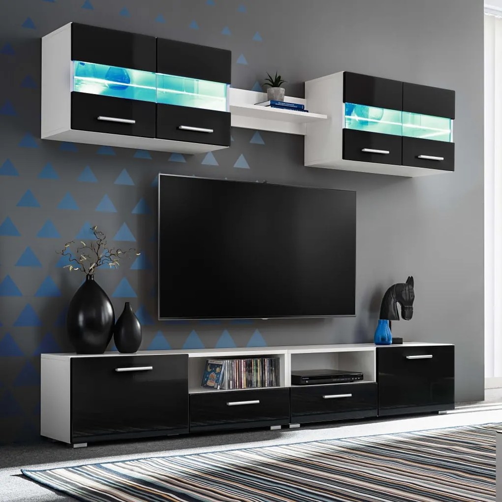 246028 vidaXL Conj. unidades de parede p/ TV luzes LED 5 pcs preto brilhante