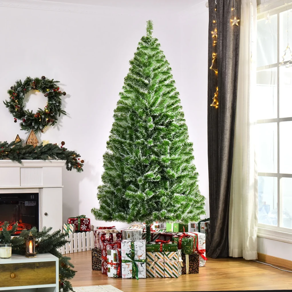 HOMCOM Árvore de Natal Ø140x225cm Neve Artificial com 1083 Pontas de PVC  Base Dobrável e Suporte de Metal Decoração de Natal para Interiores Verde e  Branco 225cm