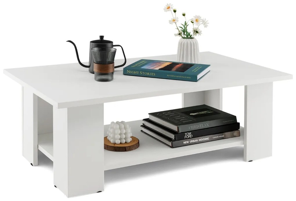 Mesa de centro moderna com estante aberta retangular em madeira para sala de estar 90 x 52 x 32 cm Branco