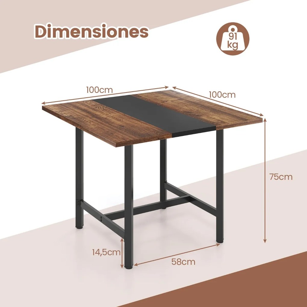 Mesa de reuniões quadrada 100 x 100 x 75 cm com tampo espesso para sala de reuniões para 4 pessoas, castanho rústico e preto
